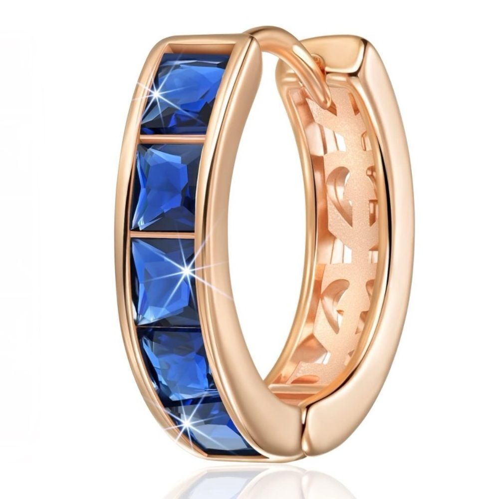 14K Rose Gold with Blue Sapphire Cubic Zirconia Princess Cut Huggie Earrings - Picture 2 of 5